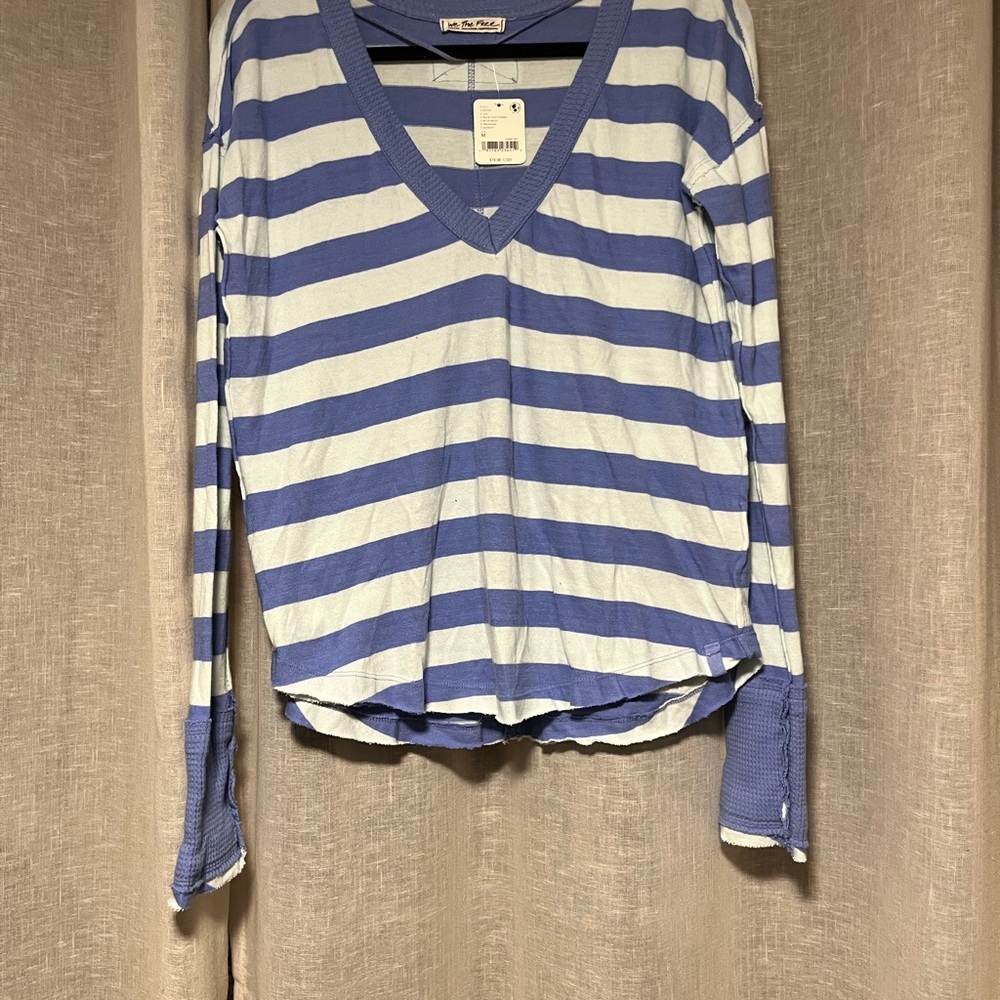 Blue and White Striped V-Neck Top
